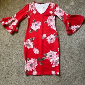 Floral Red Dress with Bell Sleeves